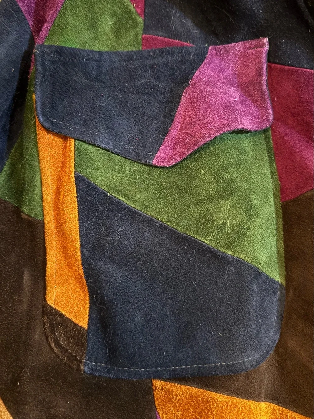 70s Vintage Multicolor Patchwork Suede Trench Coat, Great Condition, Sz Small - Picture 5 of 6